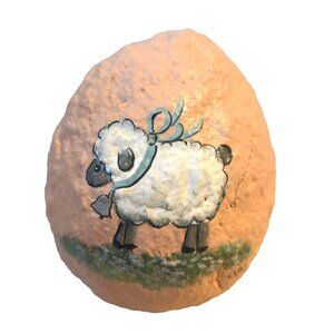 Peach Colored Paper Mache Egg Lamb Sheep Hand Made Easter Decor Signed OOAK